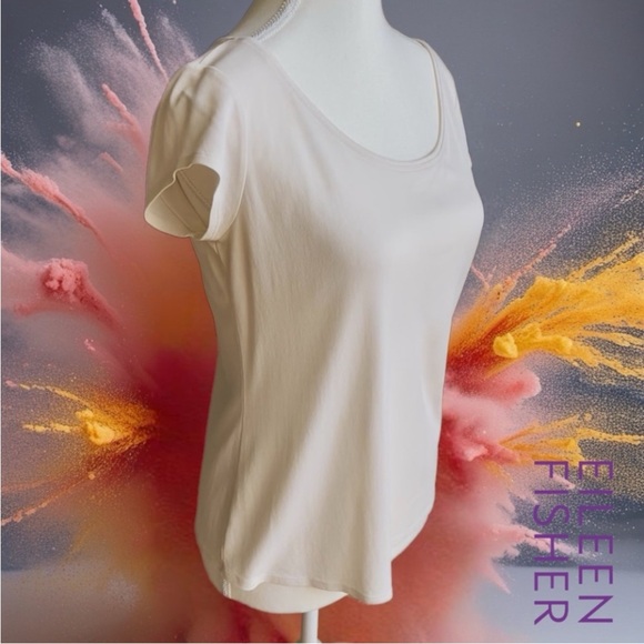 100% SILK Eileen Fisher Cream Top with Purple Butterfly Accent - Picture 4 of 10